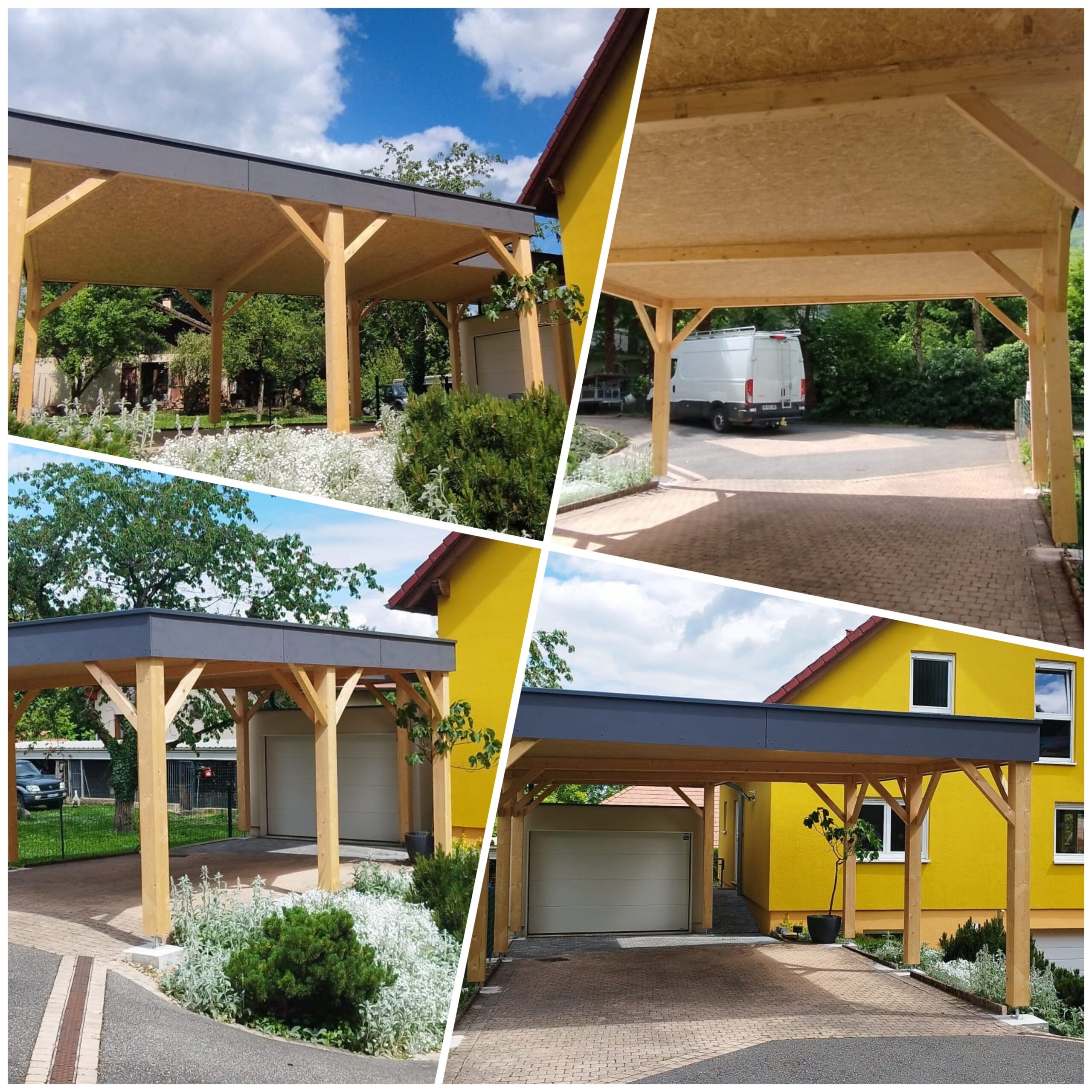 Carport en bois moderne avec toiture plate en PVC Quatre vues d'un carport en bois de style moderne avec une toiture plate en membrane PVC, adossé à une maison jaune. Le carport est soutenu par des poteaux en bois clair et protège une allée pavée.