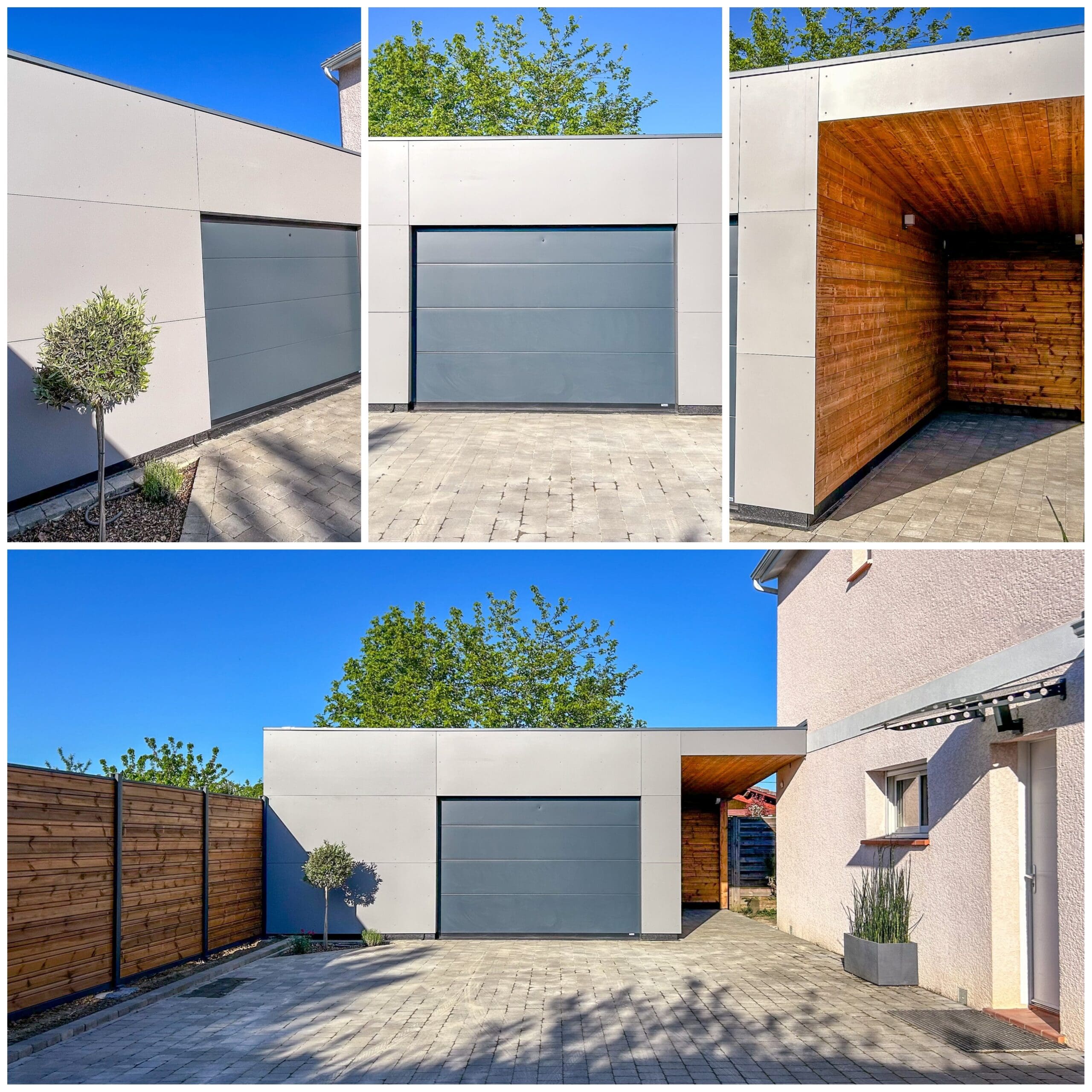 Garage Moderne et Bardage en Plaques Un garage moderne avec ossature en bois et bardage en plaques, intégrant un carport avec un plafond en bois. Le garage est gris foncé, avec un portail gris foncé, et le revêtement extérieur est de couleur claire. L'allée est pavée de blocs de béton. Sur la gauche, on aperçoit une clôture en bois et un petit arbre, tandis qu'à droite se trouve une partie d'une maison aux murs de couleur claire avec une fenêtre et une jardinière grise.