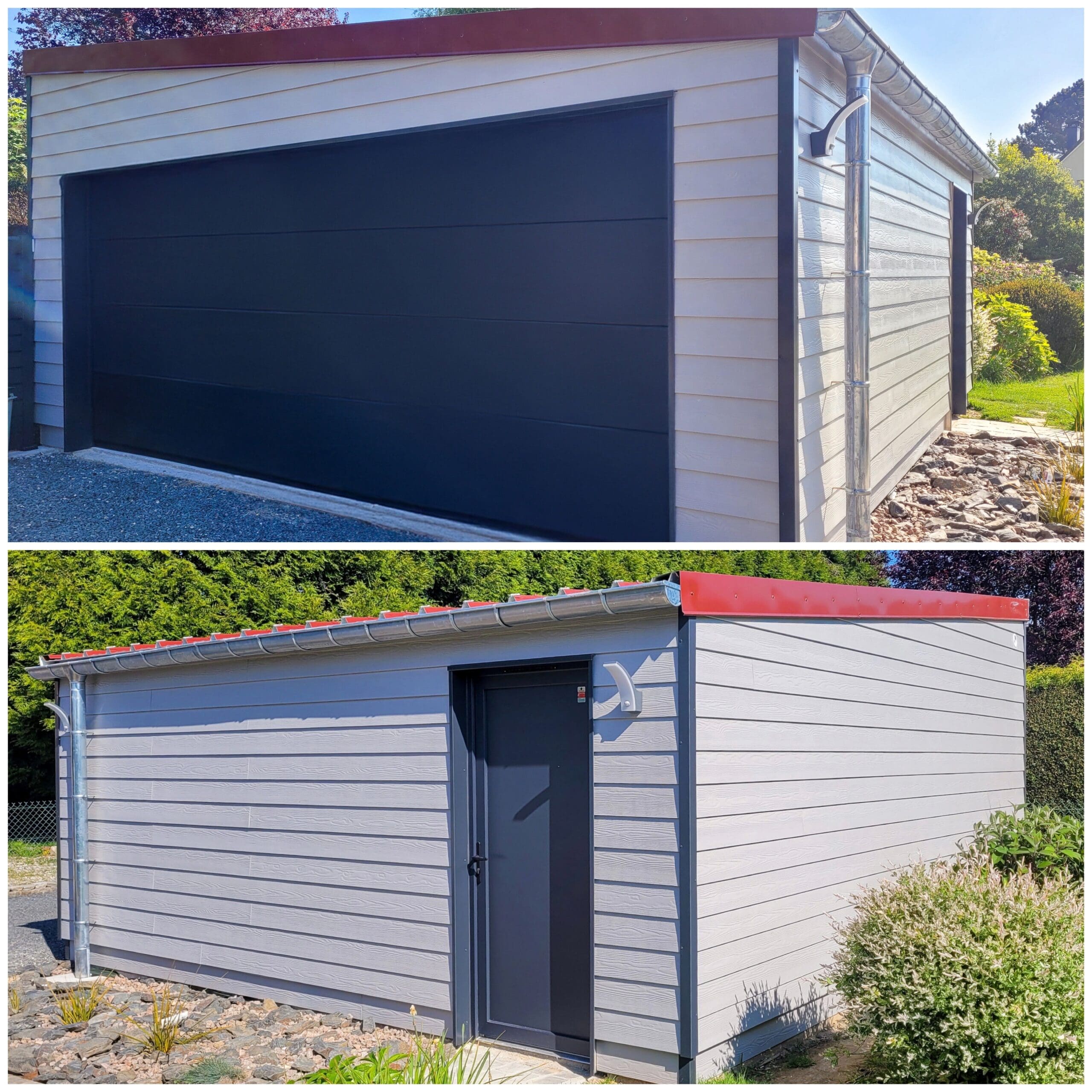 garage en bardage cedral classique Garage en ossature bois avec bardage cedral de couleur classique et un bac acier rouge
