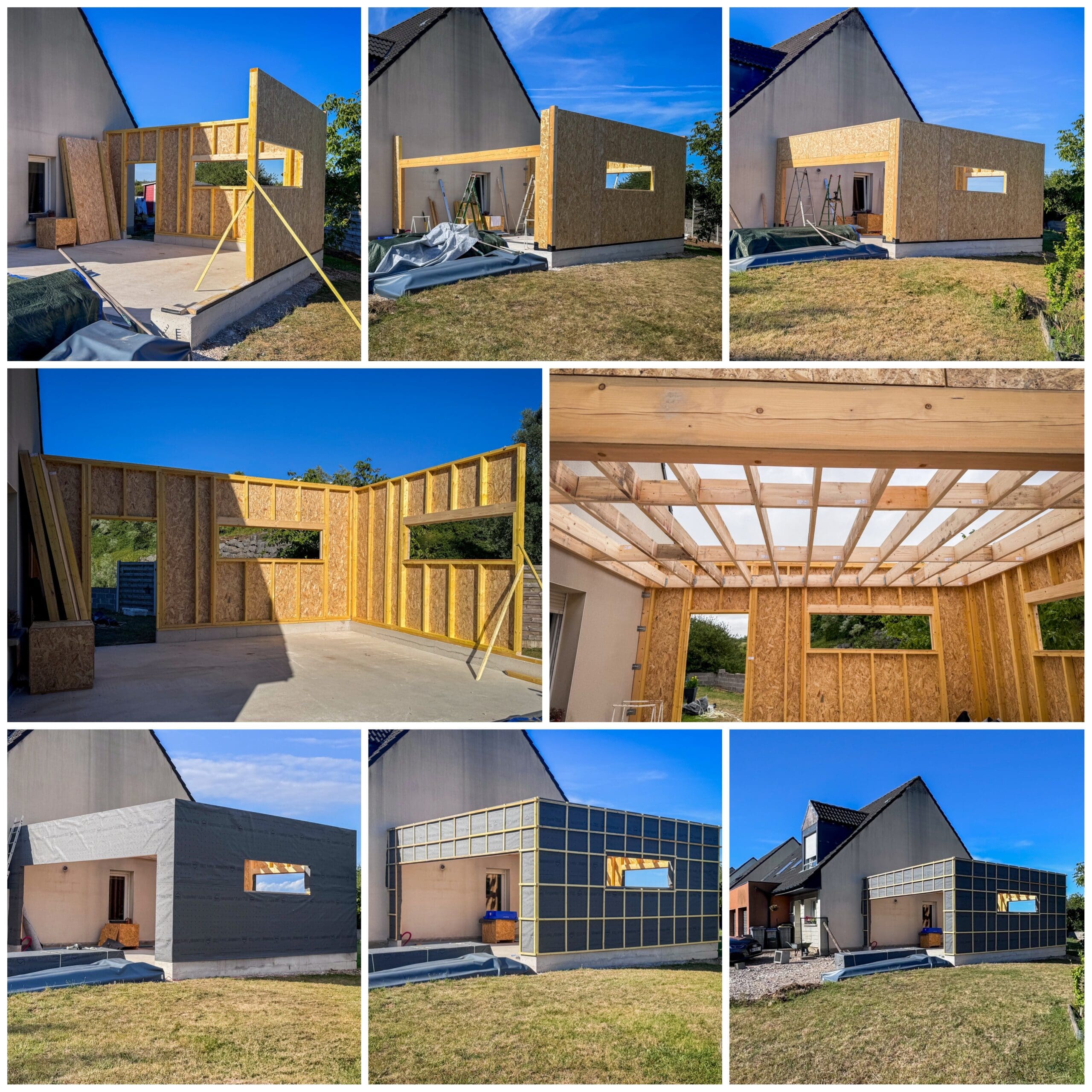 garage-construction-en-cours garage en cours de construction avec vue sur l'ossature et le pare pluie