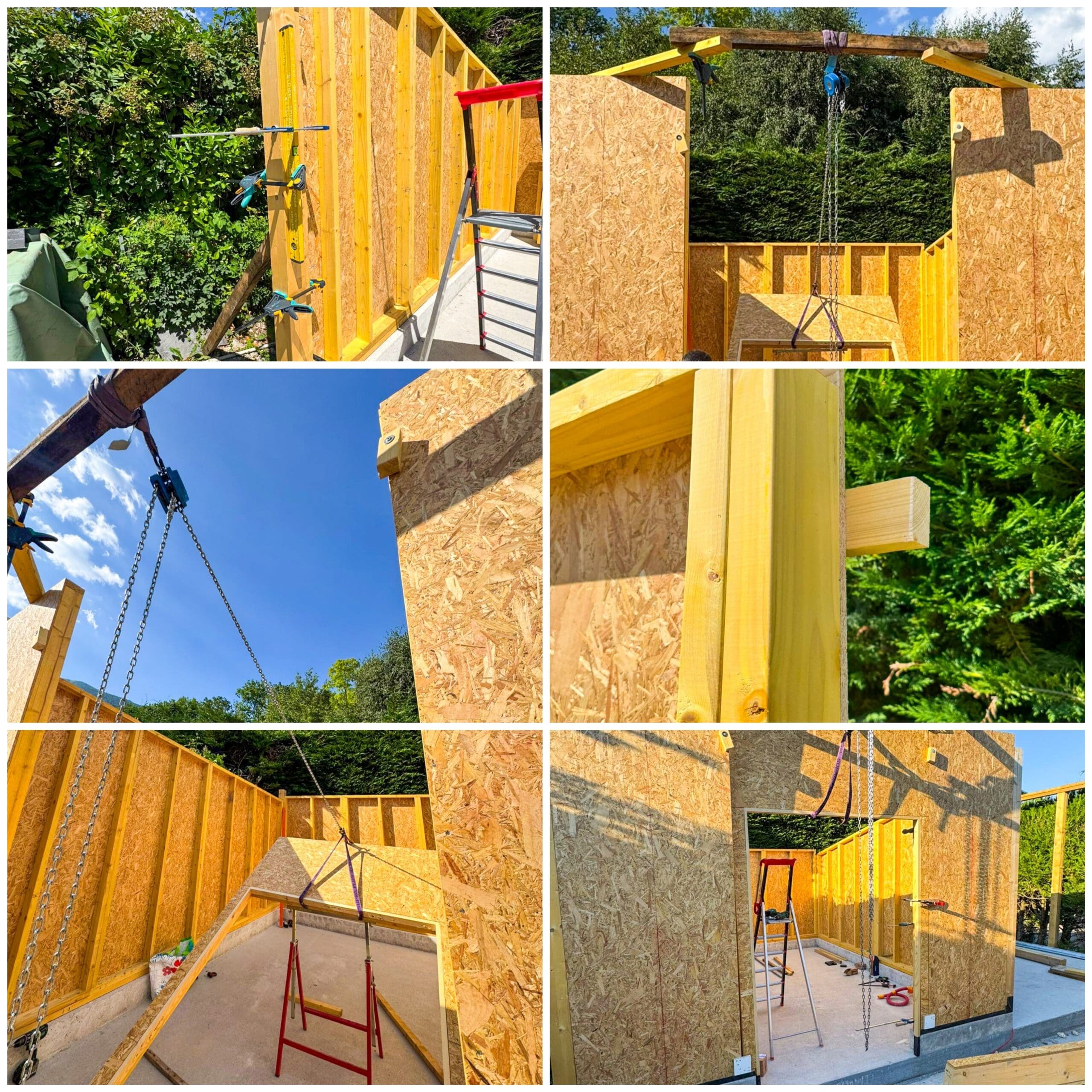 Vue d'un abri de jardin moderne en bois avec carport attenant et toit monopente en construction