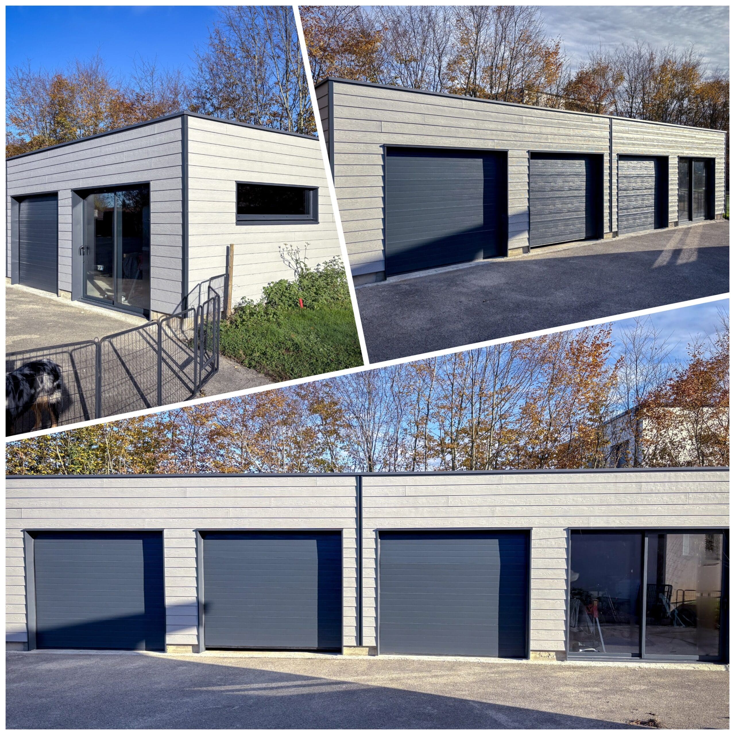 Garage moderne en ossature bois à trois portes sectionnelles anthracite, revêtu d'un bardage Cedral Gris argent, avec toit plat, réalisé dans le Jura (39)