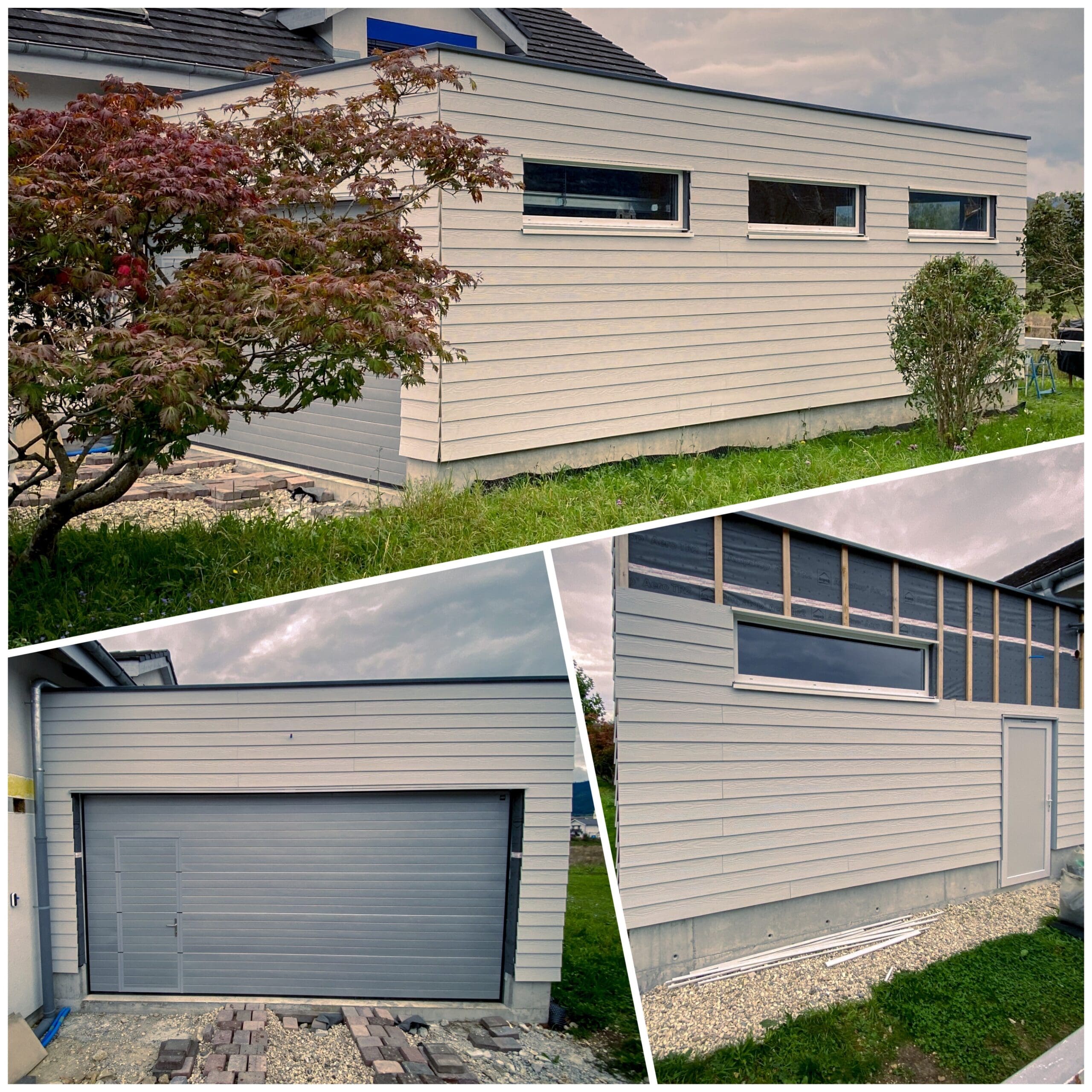 Garage ossature bois toit plat avec bardage Cédral clair et porte sectionnelle grise à portillon intégré