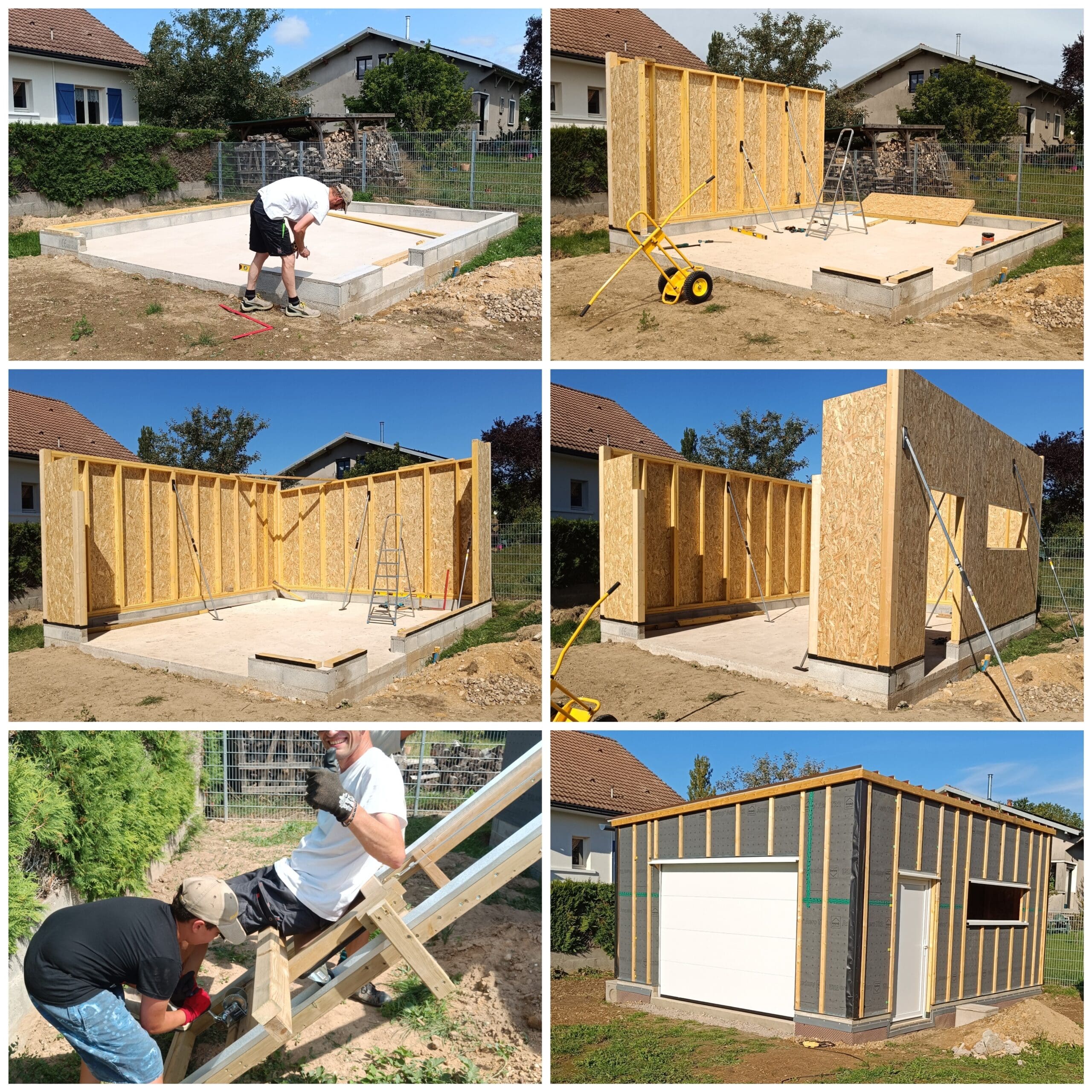 Collage photo montrant les étapes de construction d'un garage en ossature bois : pose des lisses sur dalle béton, levage des caissons préassemblés, structure charpente et pose du pare-pluie avec liteaux avant bardage.